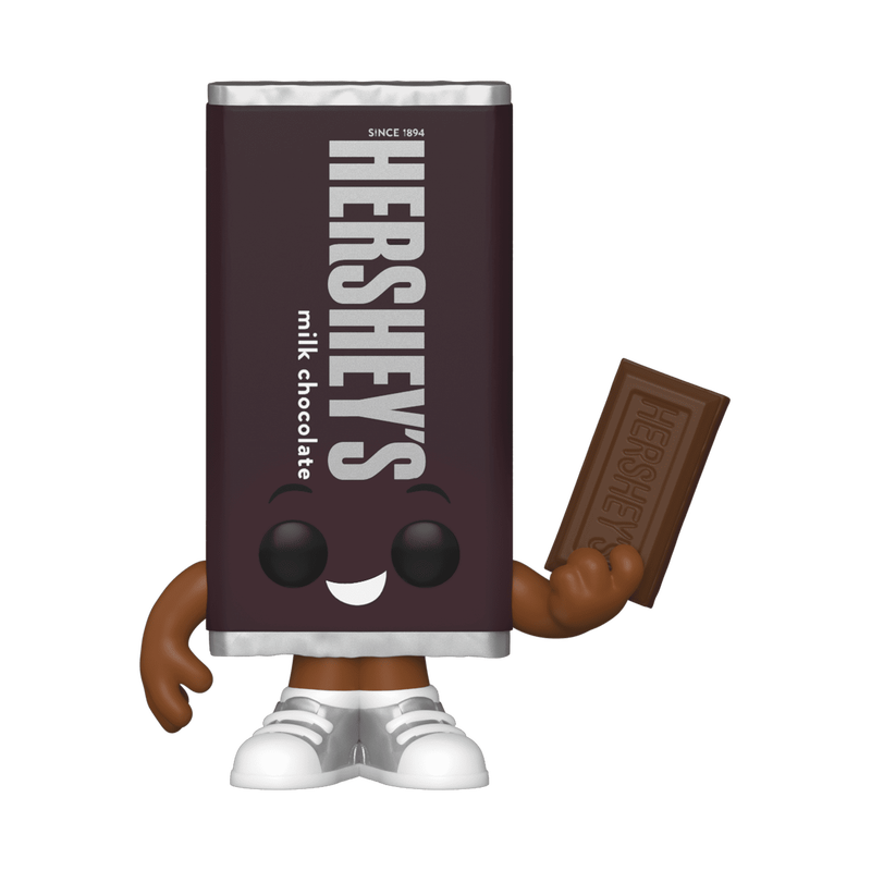 Pop! Hershey's bar, holding a piece of the chocolate bar and smiling